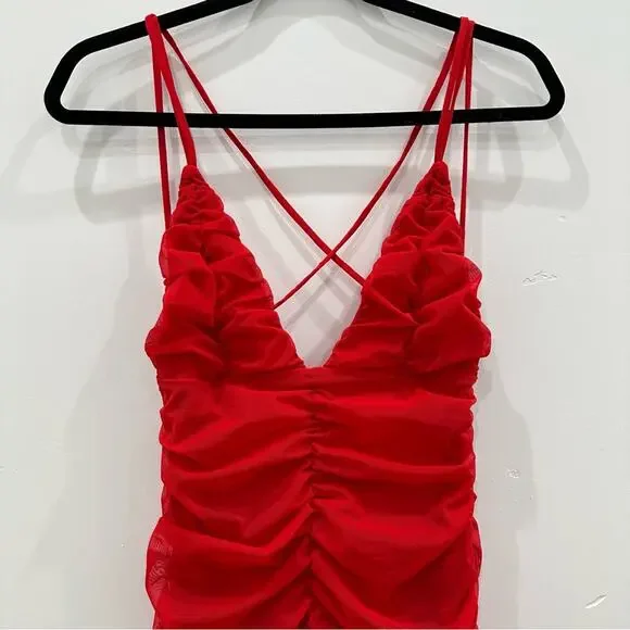 Michael Costello Red Ruched Bodycon Midi Dress with Crisscross Back - Picture 3 of 11